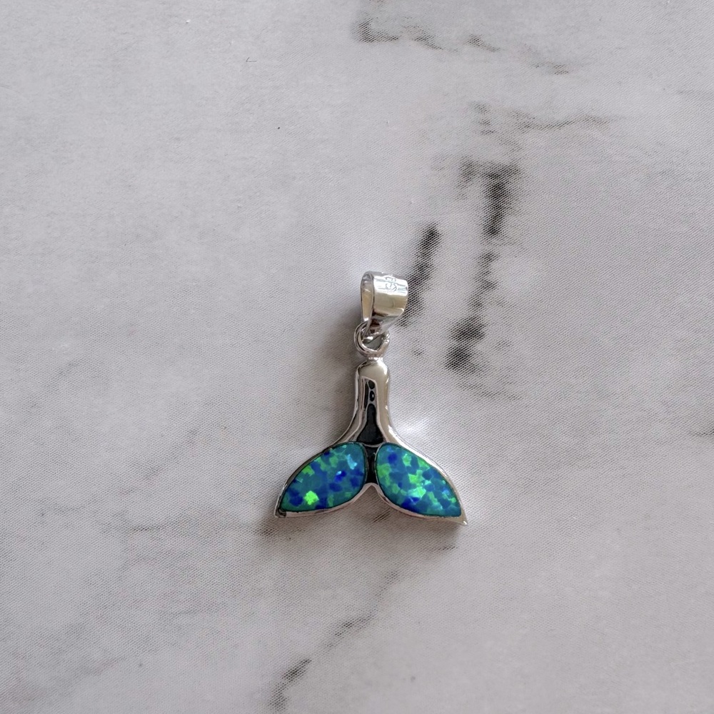 925 Sterling Silver Blue-Opal inlaid Whale-tail  charm/pendant.